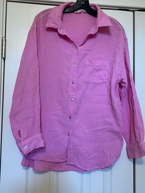 In February 100% Cotton Pink Gauze Button-Up Shirt, size M coastal, fisherman